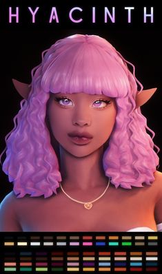 a digital painting of a woman with pink hair and horns on her head, in front of the words hyacinth