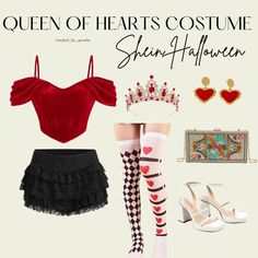 Queen of Hearts Halloween Costume Ideas Outfit Inspo Womens Queen Of Hearts Costume Diy, Evil Queen Of Hearts Costume, Cupid Costume Ideas For Women, Queen Of Hearts Inspired Outfits Casual, Queen Of Hearts Costume Ideas Diy, Playing Card Costume Diy, Red Queen Costume Ideas, Queen On Hearts Costume, Queen If Hearts Halloween Costumes