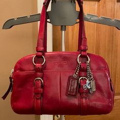 Authentic Coach Leather Bag With Dust Bag H 8”, L 12”, W 4.5” Gently Used Red Leather Satchel With Branded Hardware, Red Coach Shoulder Bag For Office, Red Rectangular Satchel With Silver-tone Hardware, Red Satchel Bag With Silver-tone Hardware, Red Tote Shoulder Bag With Palladium Hardware, Red Tote Bag With Palladium Hardware, Red Bags With Silver-tone Hardware, Designer Red Bags With Silver-tone Hardware, Red Satchel With Branded Hardware