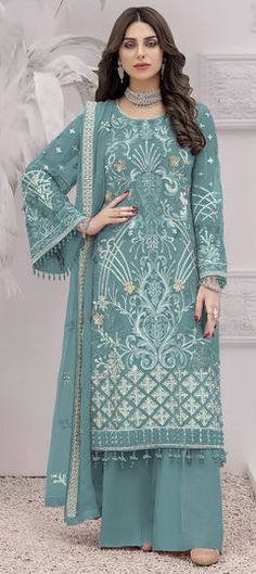 Blue color Salwar Kameez in Faux Georgette fabric with Embroidered, Resham, Thread work Blue Georgette Salwar Kameez With Resham Embroidery, Blue Unstitched Georgette Salwar Kameez, Elegant Light Blue Semi-stitched Salwar Kameez, Festive Turquoise Semi-stitched Salwar Kameez, Blue Semi-stitched Chiffon Salwar Kameez, Blue Dye, Georgette Fabric, Thread Work, Salwar Kameez