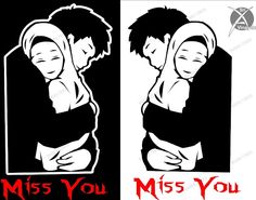 a couple hugging each other with the words miss you in red and white on black