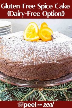 a close up of a cake on a platter with text overlay that reads gluten - free spice cake dairy - free option