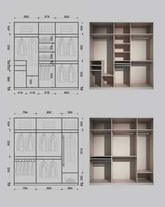 two drawings of closets with clothes hanging on the shelves, and another drawing showing how to measure them