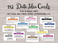 12 date idea cards with different colors and font on them, including one for each card