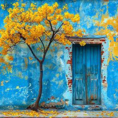 a tree with yellow leaves is in front of a blue painted wall and door that has an open window