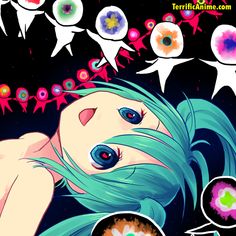 an illustration of a woman with blue hair and eyes surrounded by colorful circles in the background