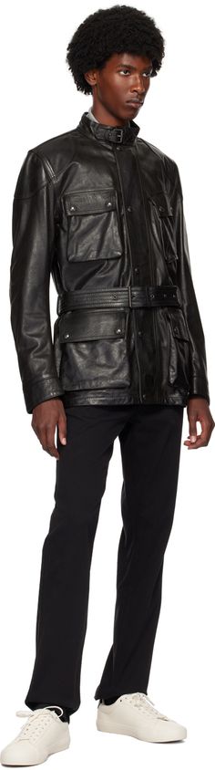 Grained leather jacket. · Pin-buckle tab at band collar · Zip closure with press-stud placket · Bellows pockets at front · Detachable pin-buckle belt · Reinforced shoulders · Logo plaque at sleeve · Press-stud expansion panel at cuffs · Patch pocket at interior · Full cotton twill and viscose satin lining · Logo-engraved gunmetal-tone hardware Supplier color: Black Luxury Leather Outerwear With Belt, Moto Style Belted Workwear Outerwear, Moto Style Belted Outerwear For Work, Fitted Leather Outerwear With Belt, Luxury Fitted Leather Jacket With Belt Loops, Fitted Leather Jacket With Belted Cuffs, Fitted Leather Jacket With Belt Loops For Work, Leather Biker Jacket With Flap Pockets For Work, Classic Leather Jacket With Belted Cuffs For Fall