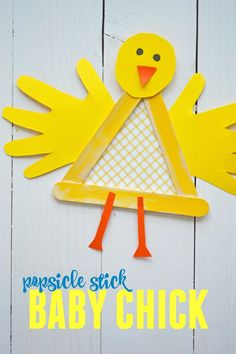 a paper cut out of a chicken with the words popsicle stick baby chick on it