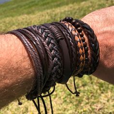 This beautifully hand crafted 6 piece bracelet set features adjustable slip ties in back to fit any wrist size from child to large adult.  Entire set is hand woven with nylon thread and high-quality leather.  They can be worn as a set or individually mix and match to fit your style of the day.  Classic brown leather really shines through and with the adjustable slip knot in back they all fit any part of your wrist nice and snug!   All purchases on my shop come in a Keepsake Dark Black Pine Wood Adjustable Brown Wristband For Father's Day, Knots In Back, Brown Leather Bracelet, Hippie Bracelets, Free Bracelet, Hippie Jewelry, Leather Weaving, Mens Gift Sets, Braided Bracelets