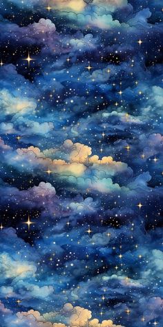 the night sky is full of stars and clouds, as if they were painted in watercolor