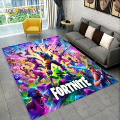 a living room area rug with fortnite characters on it