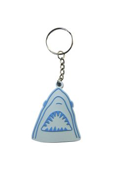 a blue and white keychain with a shark's teeth on the front