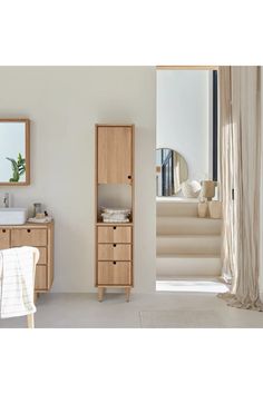 Solid Oak Tall Bathroom Cabinet | Tikamoon Jonak | Woodfurniture.com Small Bathroom Storage Cabinet, Oak Vanity Unit, Tall Storage Unit, Bathroom Furniture Storage, Bathroom Tall Cabinet, Tall Bathroom, Oak Bathroom, Bathroom Units, Linen Cabinet