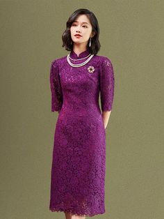 Spring and summer collection, floral pattern lace midi Qipao#qipaodress #chinesedress#cheongsamdress#modernqipao#moderncheongsam Elegant Embroidered Ao Dai With Stand Collar, Elegant Embroidered Festive Cheongsam, Elegant Embroidered Cheongsam With Stand Collar, Elegant Embroidered Ao Dai For Ceremony, Elegant Long Embroidered Ao Dai, Formal Stand Collar Ao Dai, Elegant Ao Dai With Floral Embroidery, Formal Elegant Festive Cheongsam, Elegant Festive Formal Cheongsam