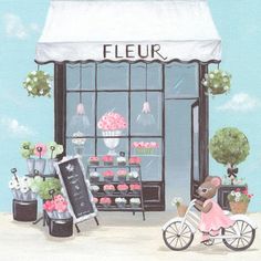 a painting of a teddy bear riding a bike in front of a flower shop