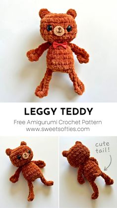 the instructions for crocheted teddy bears are shown in three different pictures, including one with