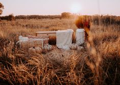 the sun is setting in an open field with blankets, pillows and pumpkins on the ground