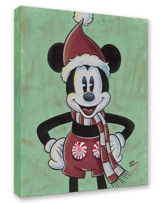 a painting of mickey mouse wearing a santa hat and scarf with candy canes in his hand