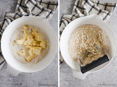 two pictures showing the mixing process for making oatmeal and butter in a bowl with a whisk