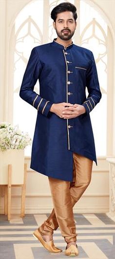 Blue color IndoWestern Dress in Art Silk fabric with Broches work Royal Blue Fitted Kurta, Elegant Blue Kurta For Wedding, Elegant Blue Long Sleeve Kurta, Elegant Long Sleeve Blue Kurta, Blue Kurta With Traditional Drape For Formal Events, Elegant Fitted Royal Blue Kurta, Traditional Blue Formal Dress, Festive Indigo Fitted Dress, Fitted Indigo Dress For Festive Season