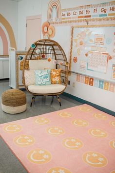 a room with a swing chair and rug on the floor