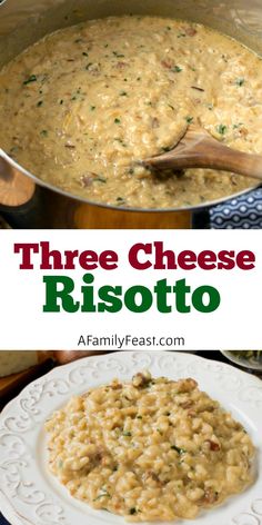 three cheese risotto in a white bowl with a wooden spoon on the side