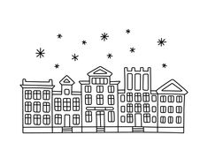 a black and white line drawing of buildings with stars in the sky above each building