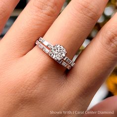 This captivating bridal ring set features a shimmering center stone of your choice nested in a claw prong setting. Lush bars of gold hold each baguette securely in place for an effortless wear. This engagement ring comes with a matching thin baguette diamond band that fits any style & makes it a unique wedding ring set.  Straight baguette side stones of 0.36 ct. with Clarity VS2 and Color G in a bar setting. Matching band straight baguette stones of 0.42 Ct. with Clarity VS2 and Color G in a bar setting. Total Number of Stones:- 14 This Baguette Wedding Band Sets is also available in numerous other center stone and metals of your liking. Free Shipping Within USA. 1 Year Manufacturing Warranty. Direct manufacturing price. Easy Returns and Financing Available. Na Baguette Side Stones, Baguette Diamond Band, Baguette Wedding Band, Wedding Ring Sets Unique, Bar Setting, Baguette Engagement Ring, Unique Wedding Ring, Diamond Wedding Sets, Claw Prong