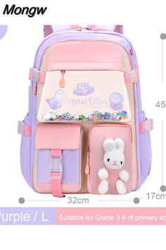 the backpack with its contents is shown in pink, purple and lila colors for girls