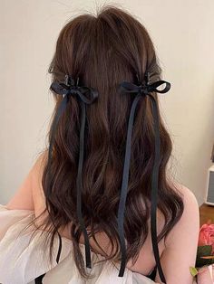 Negro  Collar  Poliéster Liso Pinzas Grandes para el Pelo Embellished Ribbon Hairstyle, Peinados Fáciles Para Cabello Corto, Ribbon Hair, Hair Claws & Clips, Aesthetic Hair, Ribbon Bow, Hair Claw, Pretty Hairstyles, Hair Bow