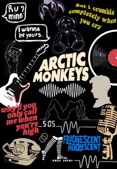 an image of arctic monkeys poster with different types of music and words on the back