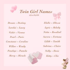 a baby girl name list with pink hearts and angel wings on it's side