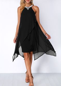 ROTITA Black Asymmetric Hem Embellished Neck Chiffon Overlay Dress Hoemcoming Dresses, Morp Dresses, Skimpy Dresses, Navy Blue Chiffon Dress, Sunmer Dresses, Sukienki Maksi, Wine Red Dress, Blue Chiffon Dresses, Sleeveless Chiffon Dress