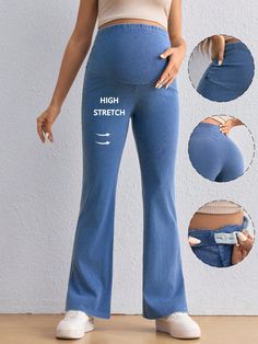 Maternity Casual Stretch Skinny Flared Jeans, Blue, Pregnancy Clothes Blue    Denim Plain  High Stretch  Maternity Clothing, size features are:Bust: ,Length: ,Sleeve Length: Shein Jeans, Casual Maternity, Jeans Casual, Maternity Clothing, Maternity Jeans, Maternity Wear, Maternity Clothes, Long Sleeve Pullover