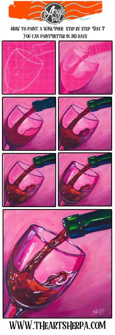 the instructions for how to draw a wine glass in acrylic paint with colored pencils