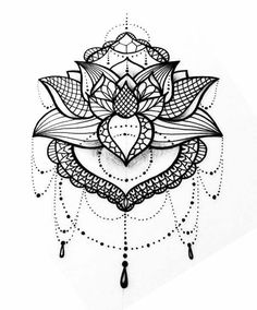 a black and white drawing of a lotus flower with beads hanging from it's petals