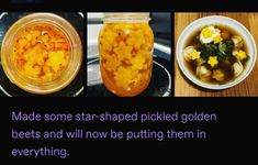 three pictures with different types of food in them, including pickles and other foods