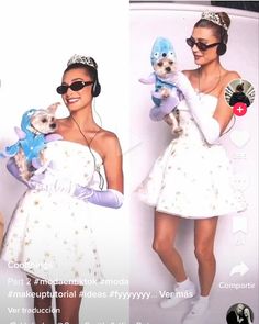 two women in white dresses holding stuffed animals and wearing headphones, one with sunglasses on her head