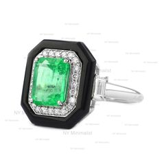 This ring is made with Real Emerald Cut Colombian Emerald Gemstone Diamond Black Onyx Gemstone Solid 18K White Gold Halo Ring Handmade Engagement Ring. * SKU: SGR01736 * Made to Order. * Gold Purity: 18K Solid Yellow Gold (stamped) * Custom Gold Color: Yellow, Rose, White Gold * Custom Gold Purity: 14K/18K (Charges Apply) * Diamond 100% Genuine Diamond * Diamond Weight: 0.38 ct. * Diamond Color: G-H * Diamond Clarity: SI1- SI2 * Diamond Cut: Brilliant Cut (Excellent) * Emerald Weight: 2.00 ct. P Luxury Black Jewelry With Gemstone Accents, Formal Black Rings With Gemstone Accents, Fine Jewelry With Black Gemstone Accents, Elegant Black Rings With Gemstone Accents, Black Rings With Gemstone Accents, Black Rings With Gemstone Accents For Gift, Black Rings With Gemstone Accents As Gift, Black Oval Emerald Ring For Formal Occasions, Black Emerald Luxury Ring