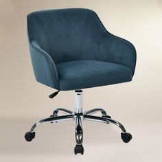 a blue office chair with chrome wheels and casteors