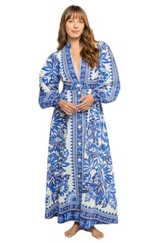 Flora Tapestry Maxi Dress | Everything But Water V-neck Maxi Dress With Button Closure For Daywear, Vacation Maxi Dress With Button Closure And Long Sleeves, Blue V-neck Maxi Dress With Buttons, Long Sleeve Maxi Dress With Buttons For Vacation, Long Sleeve Maxi Dress For Vacation, Chic Long Sleeve Maxi Dress With Button Closure, Spring Long Sleeve Maxi Dress With Button Closure, V-neck Maxi Dress With Button Closure For The Beach, Chic Long Sleeve Maxi Dress With Buttons