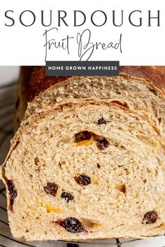 a loaf of sourdough fruit bread on a cooling rack