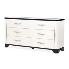 a white and black dresser with drawers on it's sides, in front of a white background