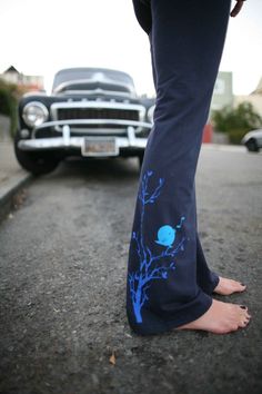 Super soft and comfortable, these form fitting pants work way beyond your next yoga class, you may never want to take them off! Versatile waist band can be worn as a high rise or low rise. Ring spun combed cotton for a super stretch and comfy fit for yoga or just stylish grocery shopping. Made in America and sweatshop free, printed with 100% water based ink for minimal environmental impact. **If you find the following inseams a bit too long for you fret not, I can hem them shorter to your desire Yoga Tights, Tanks Tops, Blue Pictures, Yoga Pant, Yoga Pants Women, Soft Leggings, Cozy Sweatshirts, Song Bird, Comfy Fits