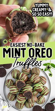 an advertisement for mint oreo truffles on a plate with chocolate covered cookies