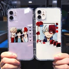 two people holding up cell phones with anime pictures on the back and sides, one is clear