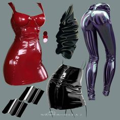 three different types of women's latex clothing, one in black and the other in red