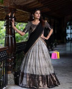 Dhavani Set New Model, Kerala Half Saree Designs, Black Half Saree, Pattu Lehenga Half Saree, Kerala Half Saree, Dhavani Designs, Dhavani Set, Banarasi Silk Saree Blouse, Onam Outfits Ideas