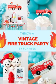 a firetruck themed birthday party with blue balloons and white frosted cake pops