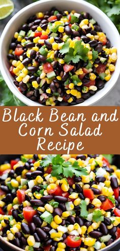 black bean and corn salad in a white bowl with cilantro on the side